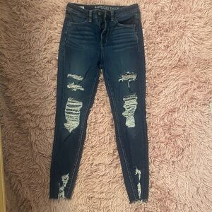 American Eagle Outfitters Women's Dark Blue Distressed Skinny Jeans